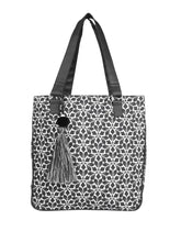 PRIMROSE Floral Pattern Tote Bag with Tassel, Black and White, Double Handle